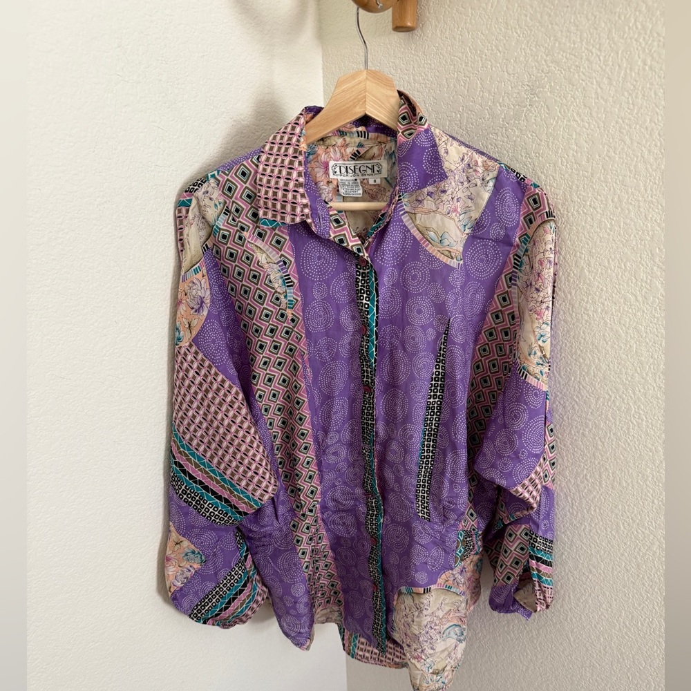 Vintage Disegni silk purple boho shirt size 6